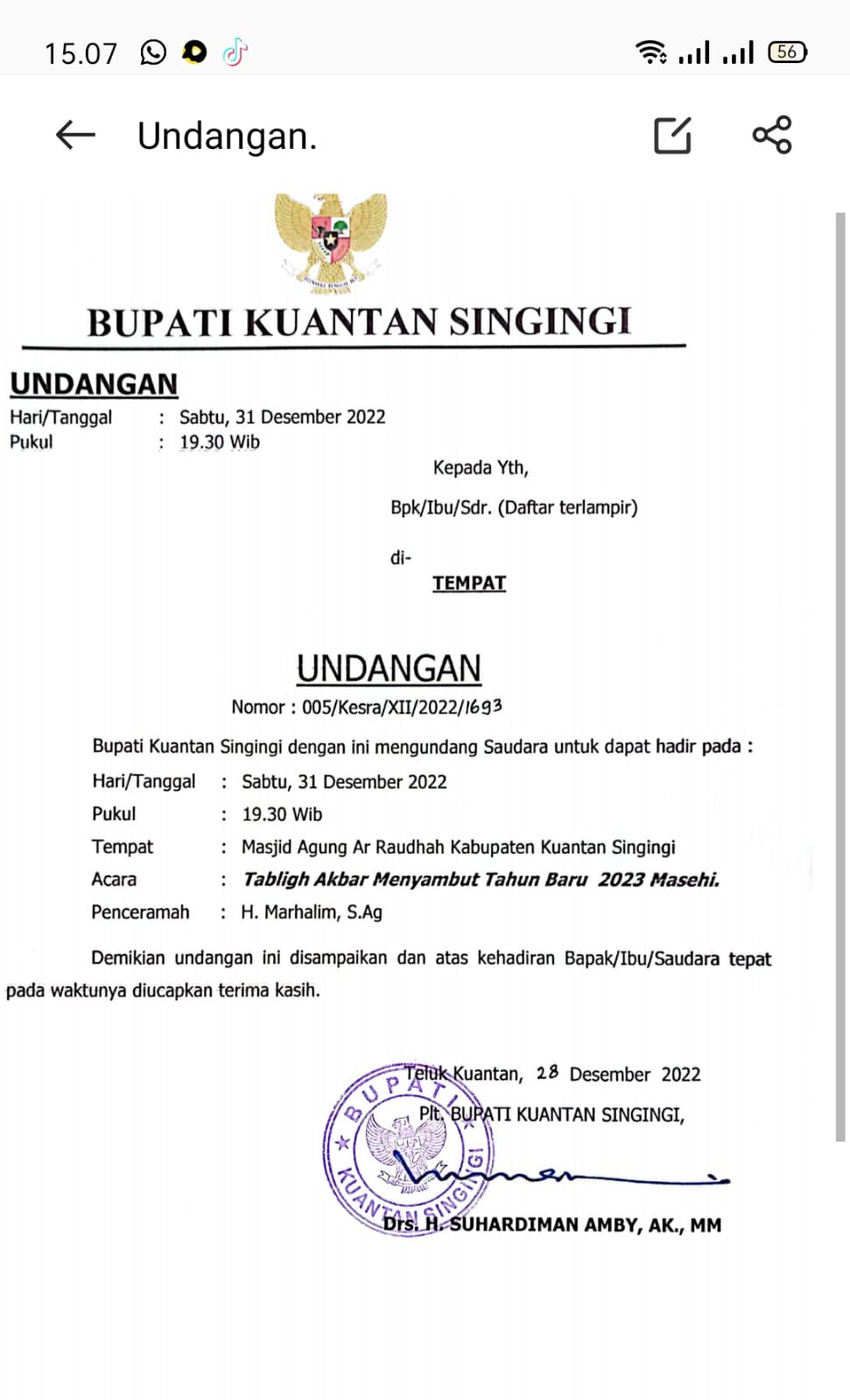 PLT Bupati Kuansing Ajak Seluruh Masyarakat Untuk Menghadiri Tabligh Akbar Pada Malam Pergantian Tahun